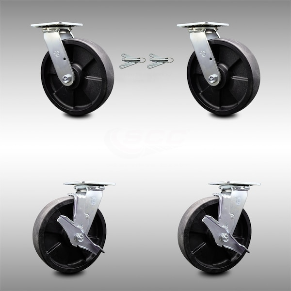 Service Caster 8 Inch SS Glass Filled Nylon Caster Set with Roll Bearings 2 Swivel Lock 2 Brake SCC-SS30S820-GFNR-BSL-2-TLB-2 - main